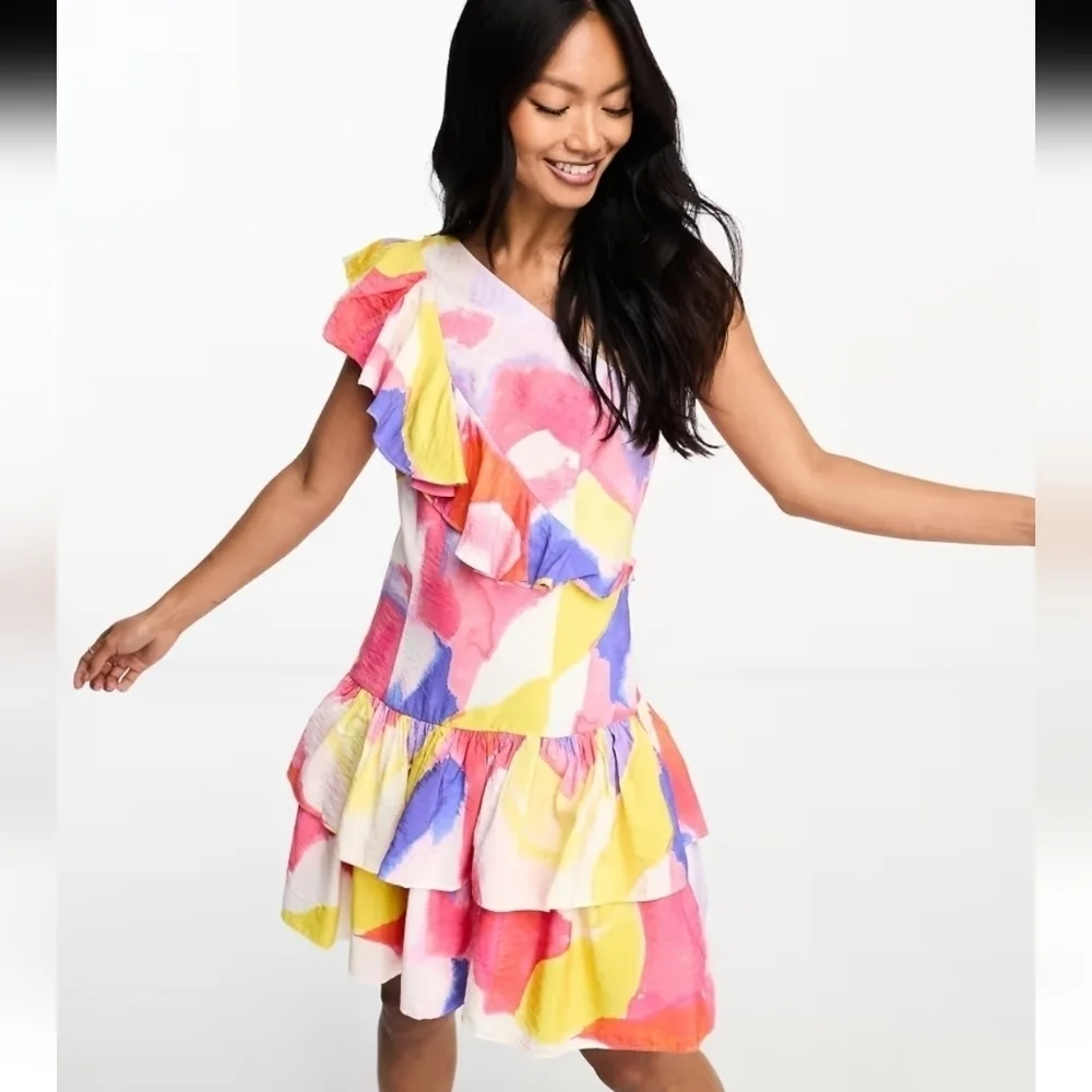 NWOT FRENCH CONNECTION Isadora Faron One Shoulder Ruffle Mini Dress 10 - Picture 2 of 13
